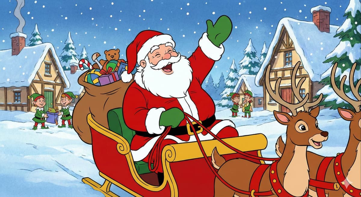 Santa Claus in his sleigh with reindeer delivering gifts